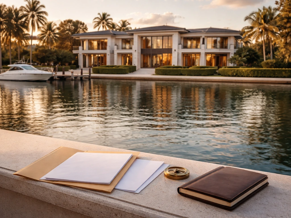 Waterfront mansion exterior with subtle property-record cues like folders and a compass on a balcony railing