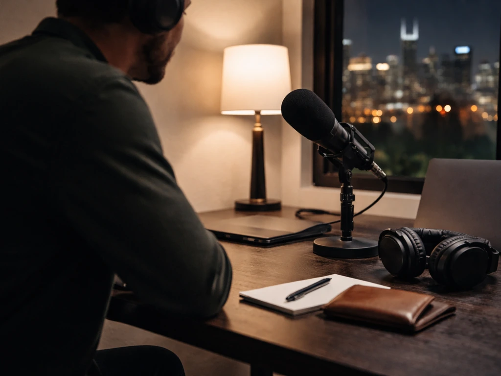 Anonymous sports media professional working at a podcast-style desk with Nashville city lights outside