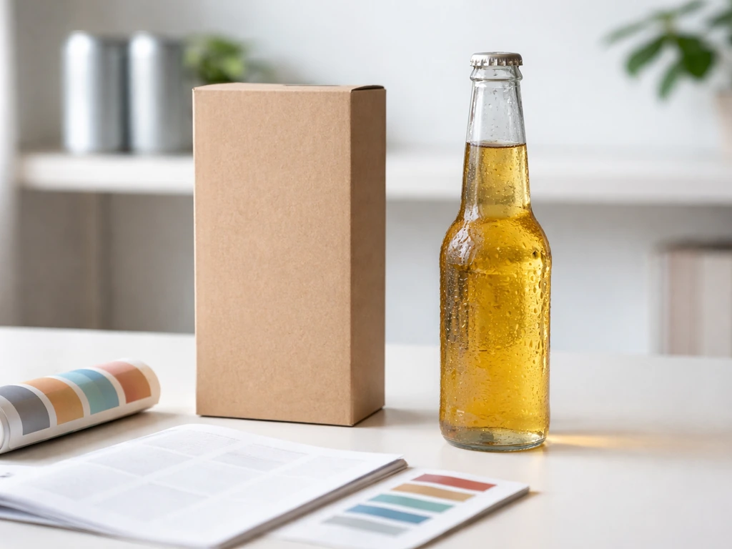 Close-up of a draft beer bottle and a simple marketing-style product package on a desk