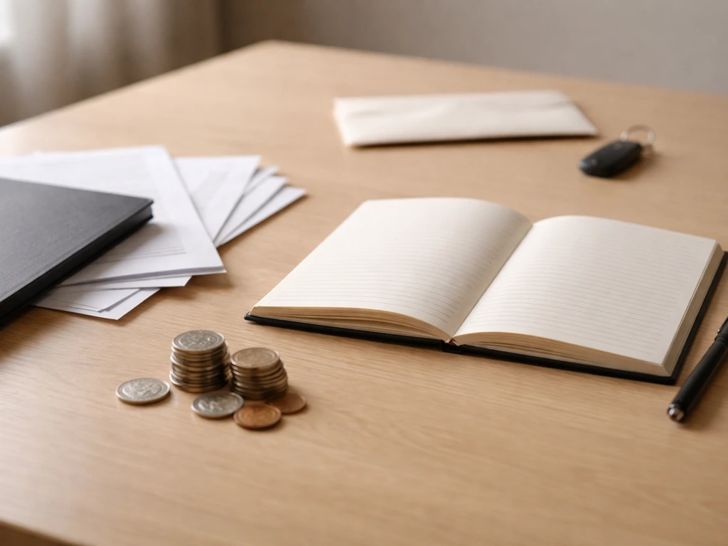 Minimal office desk with a notebook of blank pages and scattered coins suggesting unknown financial liabilities