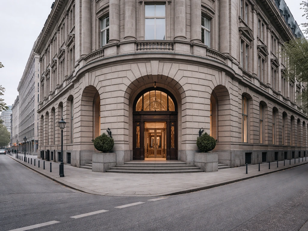 Exterior view of a modern Hamburg bank building facade in soft natural light