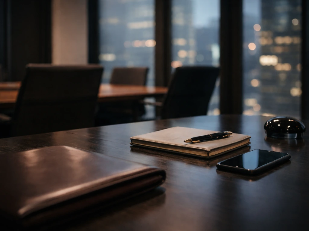 Minimal luxury bank office desk with portfolio, pen, and out-of-focus city windows behind.
