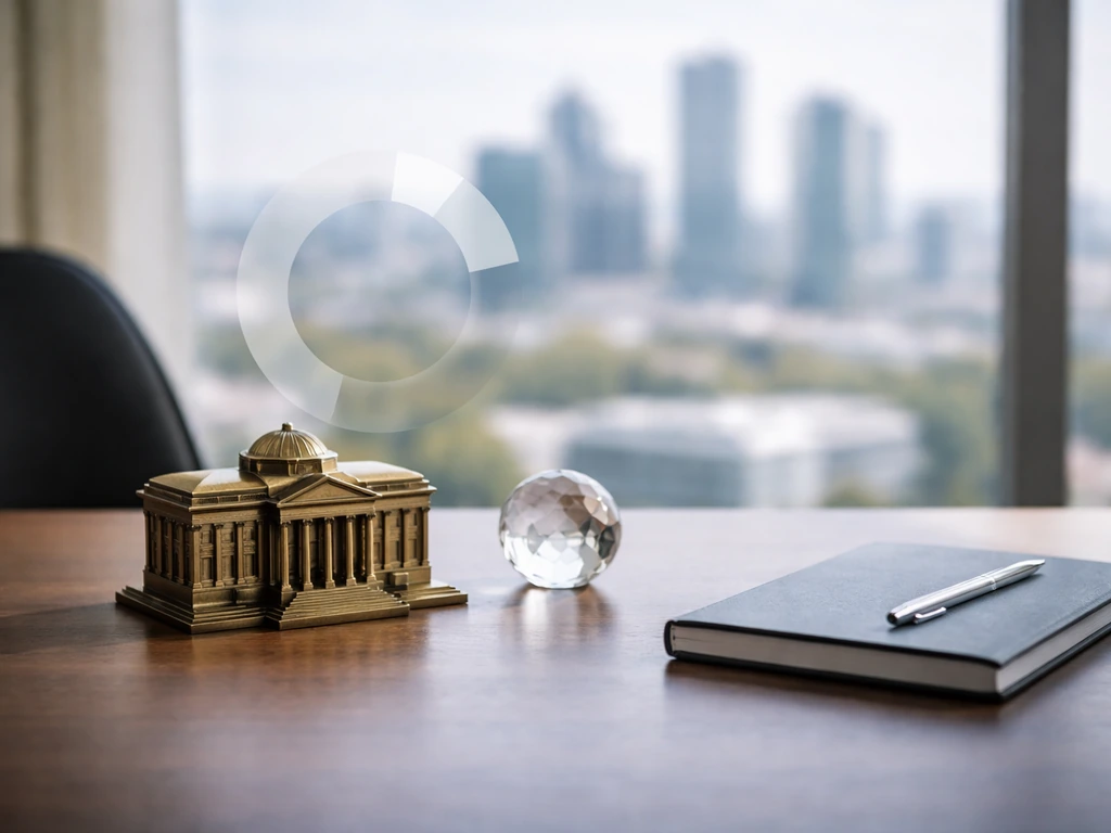 Minimal office desk scene with a small bank scale model and abstract stake-like ring overlay.