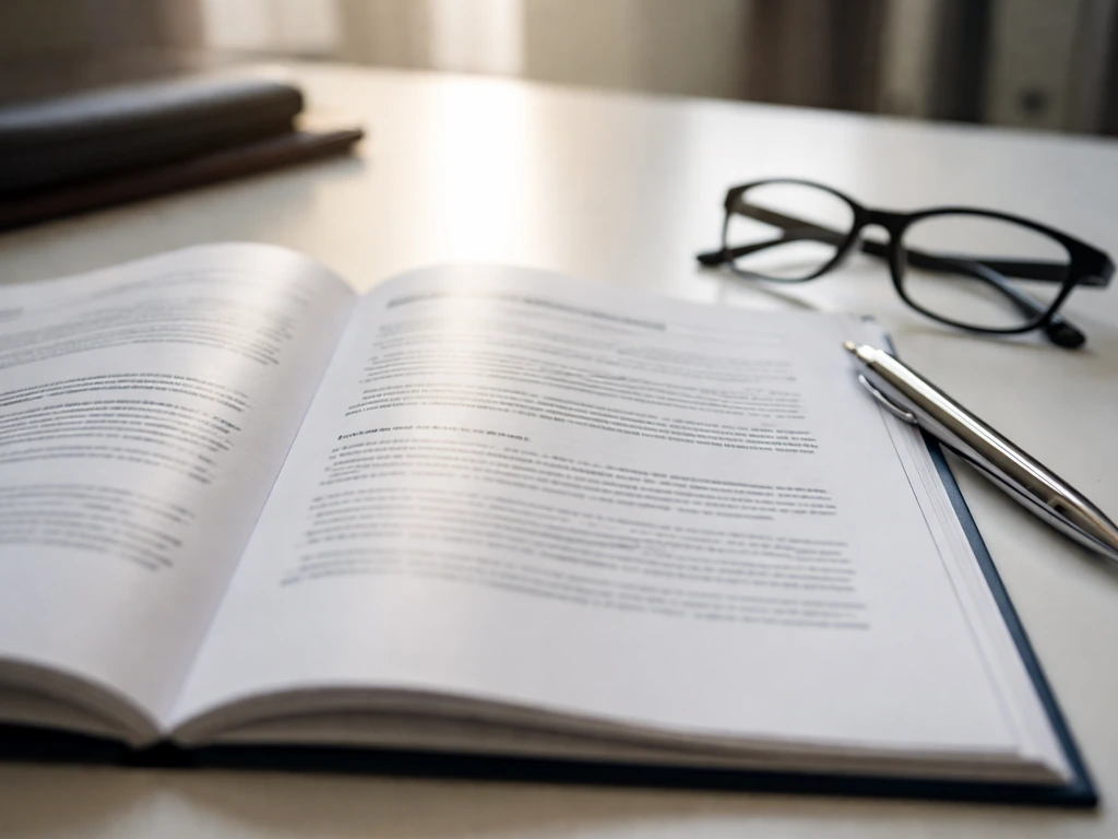Close-up of an annual report page on a desk, with a pen and reading glasses beside it
