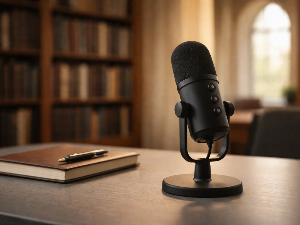 Minimal photo of a dimly lit study desk with a microphone and a Yeshiva-style library background, symbolizing a rabbi’s