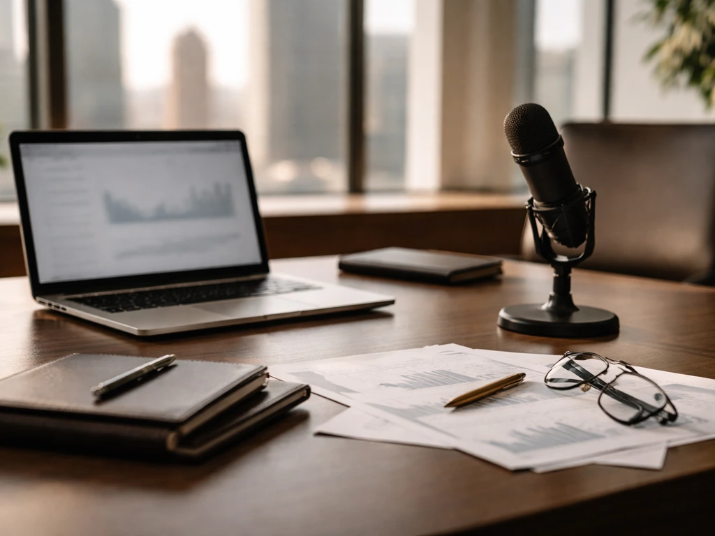 Modern office desk with laptop and microphone, symbolizing business analysis and financial verification.