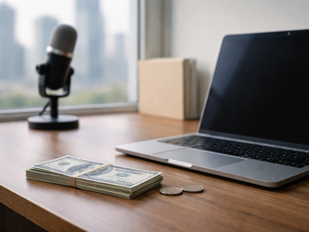Minimal photo of an executive office desk with a laptop and cash-like props, suggesting compensation range calculation.