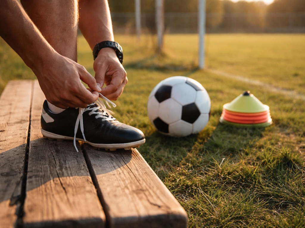 Close view of a coach’s hands tying soccer cleats by a field with a ball and cones nearby.