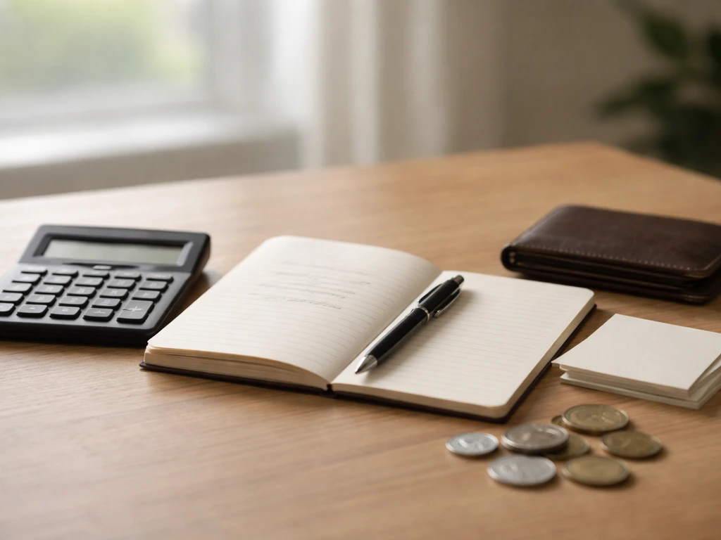An anonymous desk setup with a calculator and notebook, suggesting a wage-multiplication estimate model.