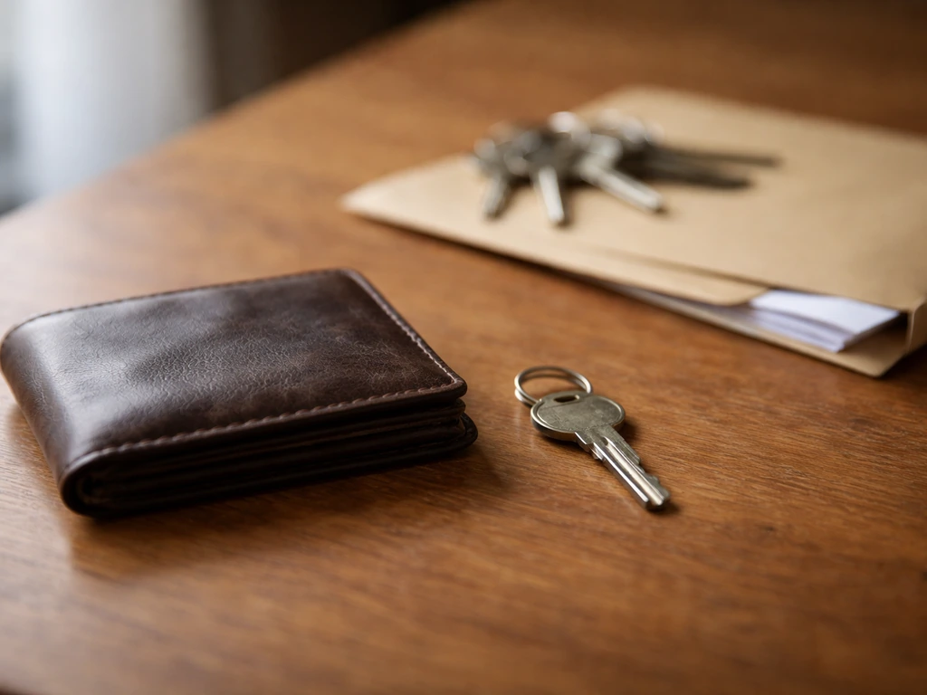 Unmarked wallet, keys, and sealed envelope on a wooden table suggesting unclear investment and property records.