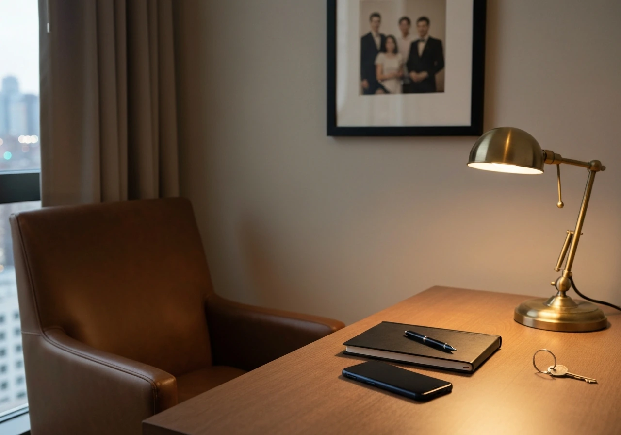Quiet upscale home office scene symbolizing a music estate net worth identity and verification.
