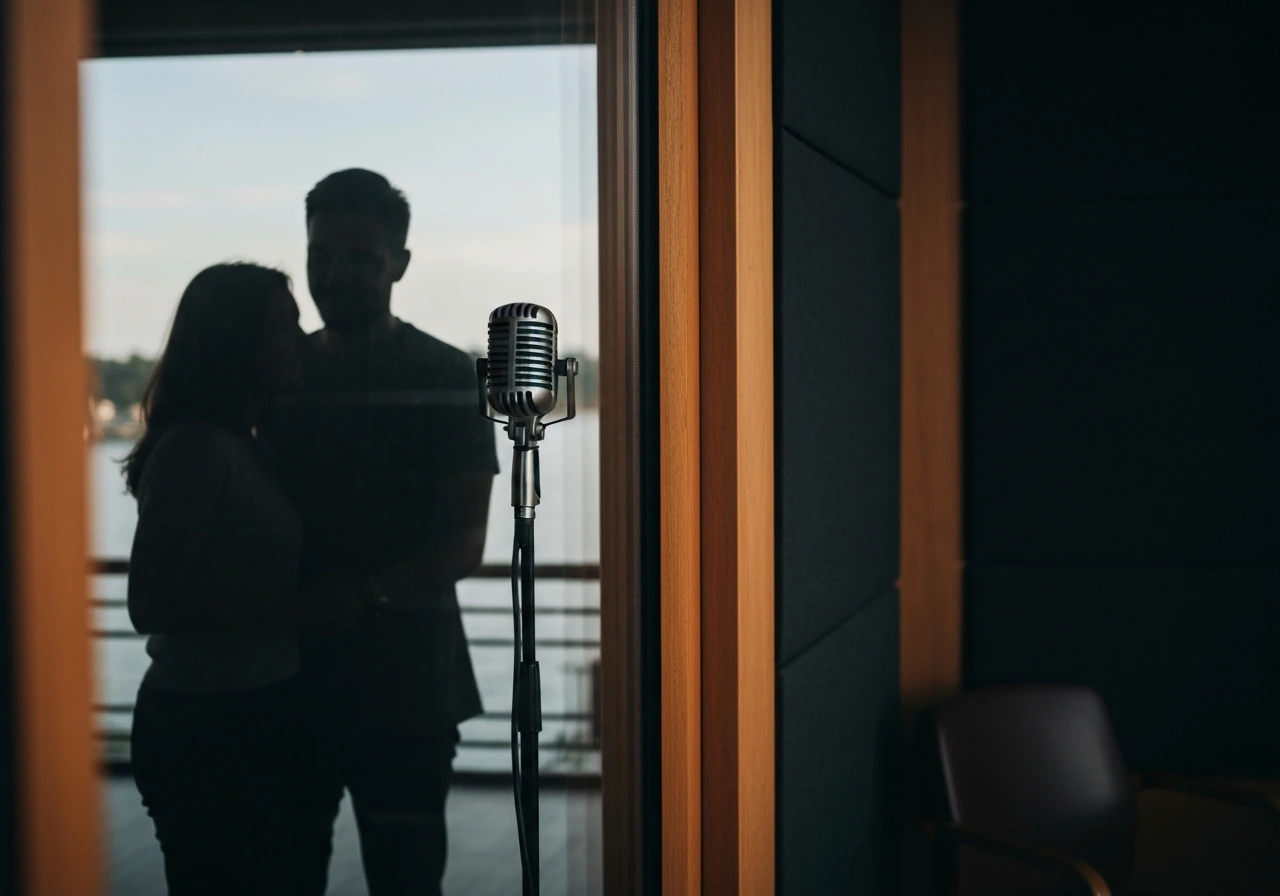 Anonymous couple silhouettes reflected by a studio window near a vintage microphone, subtle media identity vibe.