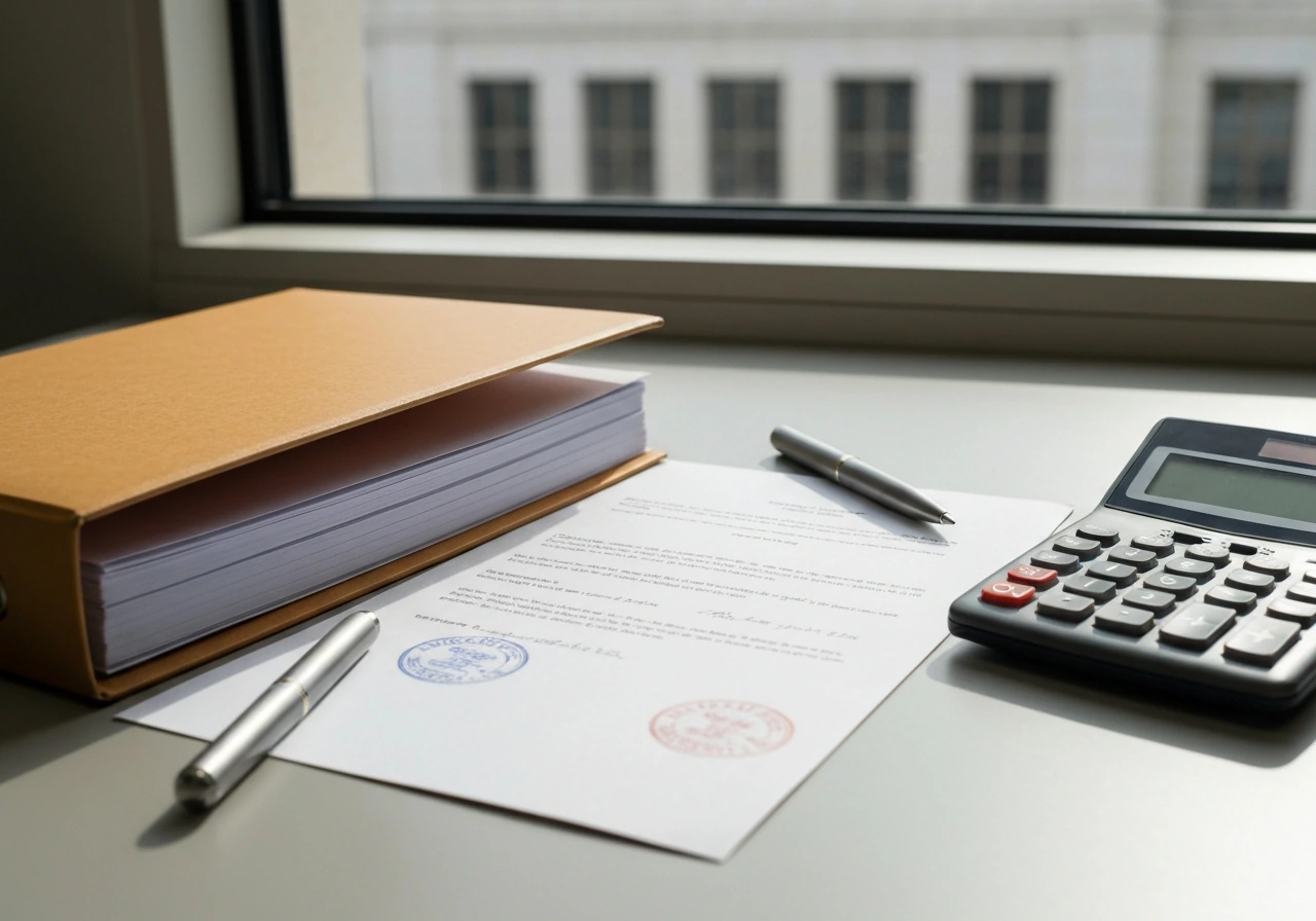 Closed probate file and court documents on a desk with pen and calculator, no people, minimal symbolic scene.