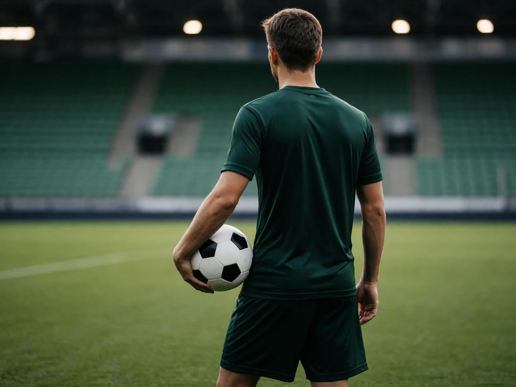 Midfielder in a dark green football kit holding a ball at an empty stadium edge, HJK-like colors.
