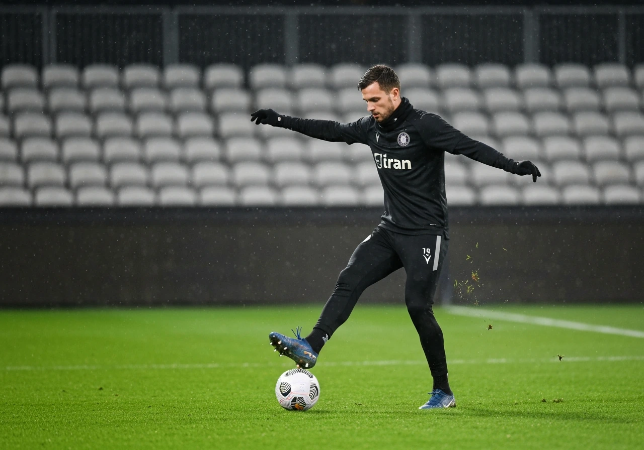 Anonymous football midfielder in a dark kit controls a ball on a wet pitch during training.