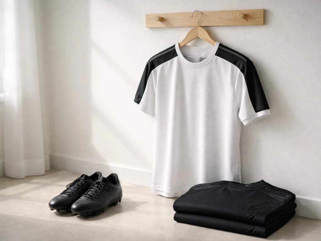 Close-up of a football kit fabric and Adidas-style track jacket details on a simple hanger in soft daylight.