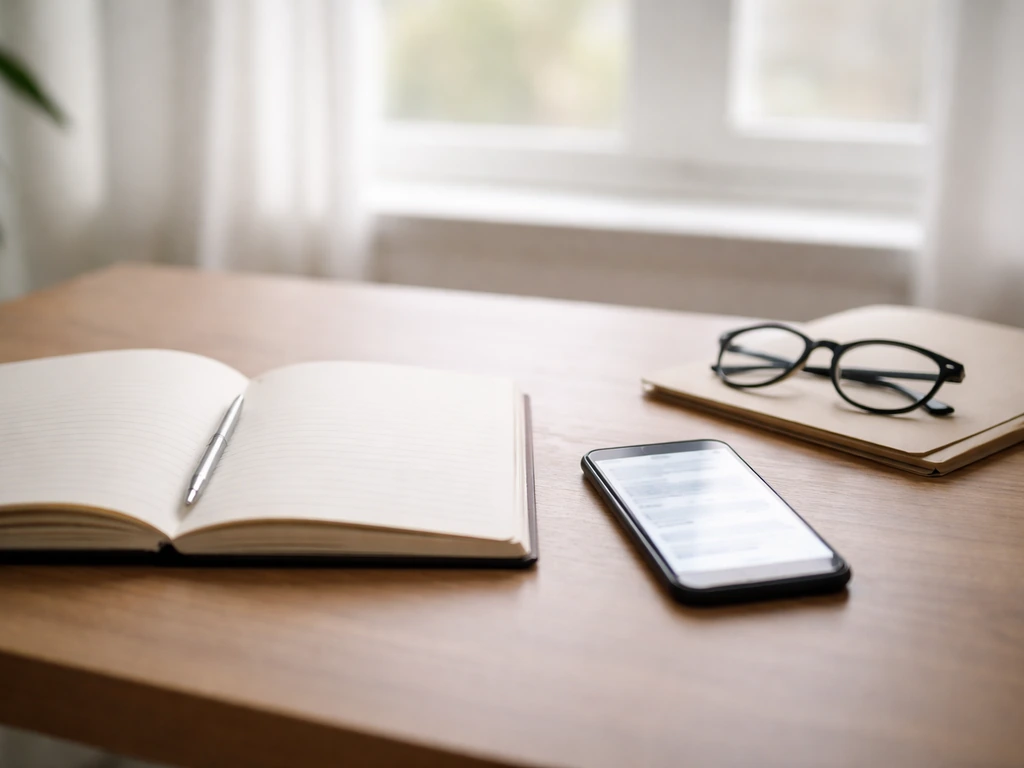 Minimal office desk scene with a smartphone and open notebook for checking official sports and finance records