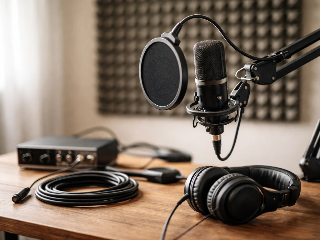Close-up of a podcast studio desk with microphone and pop filter, cables neatly arranged, behind-the-scenes feel.