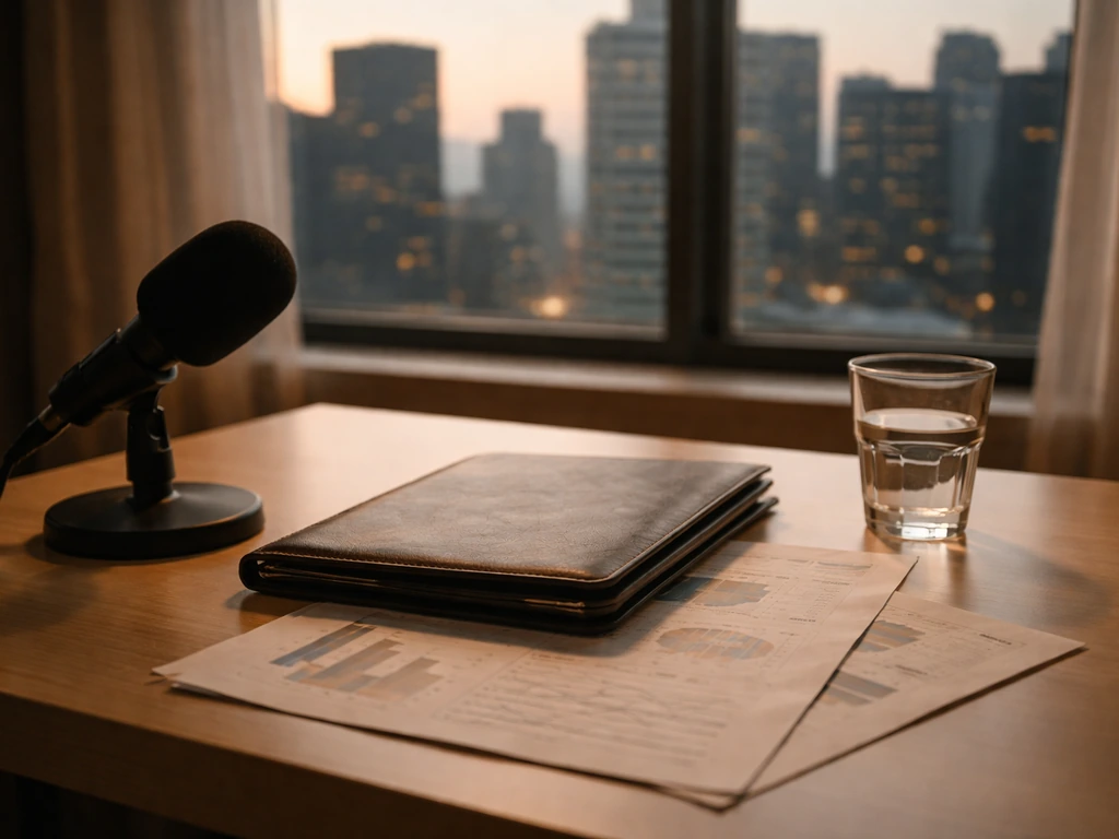 Minimal photo of an anonymous finance-and-media desk scene with a microphone and city light, suggesting wealth research.