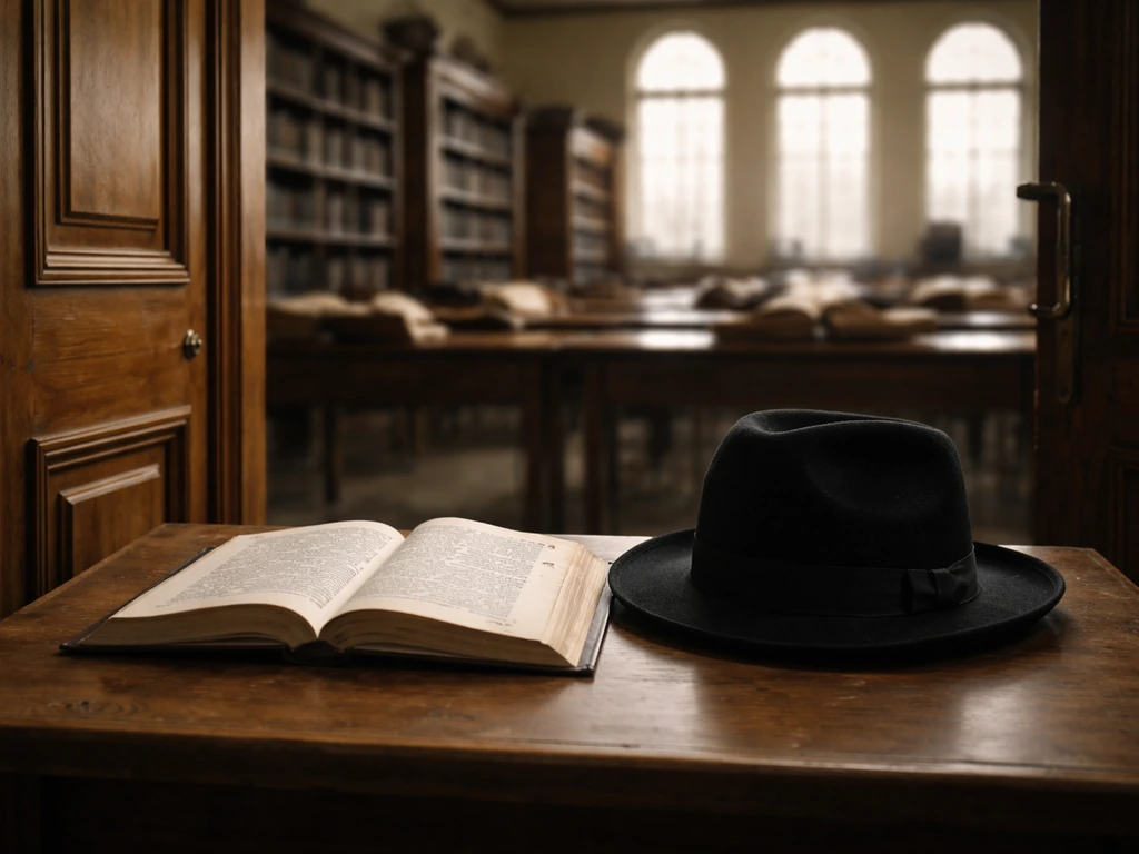 Minimal yeshiva study scene with books, a prayer book, and soft light—no people visible.