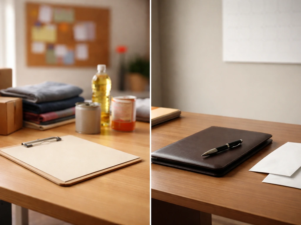 Minimal split scene showing nonprofit community items on one side and private desk/benefit cues on the other.