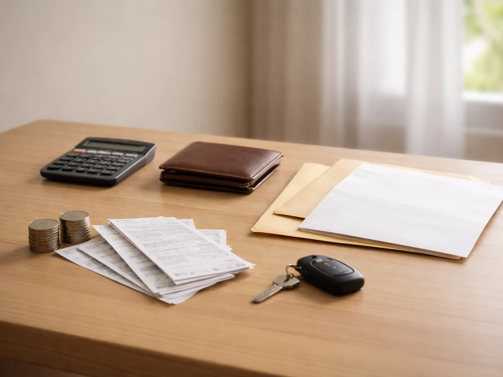 Minimal office desk with a calculator and envelopes, symbolizing assets minus liabilities.