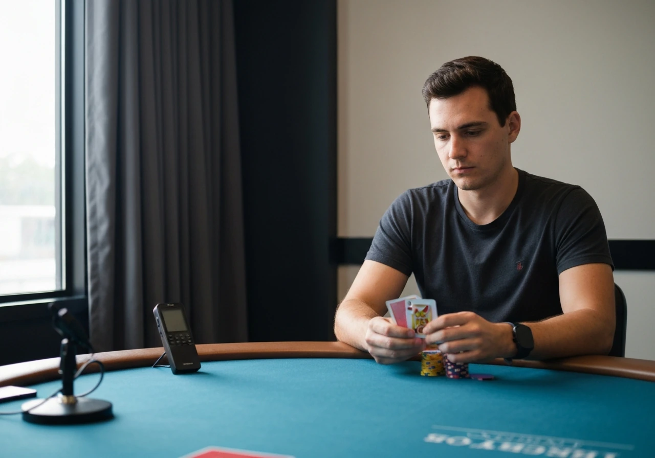 An anonymous poker player in a Los Angeles studio at a cash-game table, focused on cards, no branding.