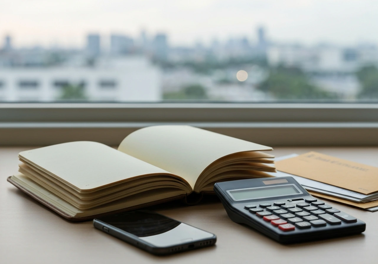 Minimal desk scene with notebook and calculator suggesting estimating net worth steps.