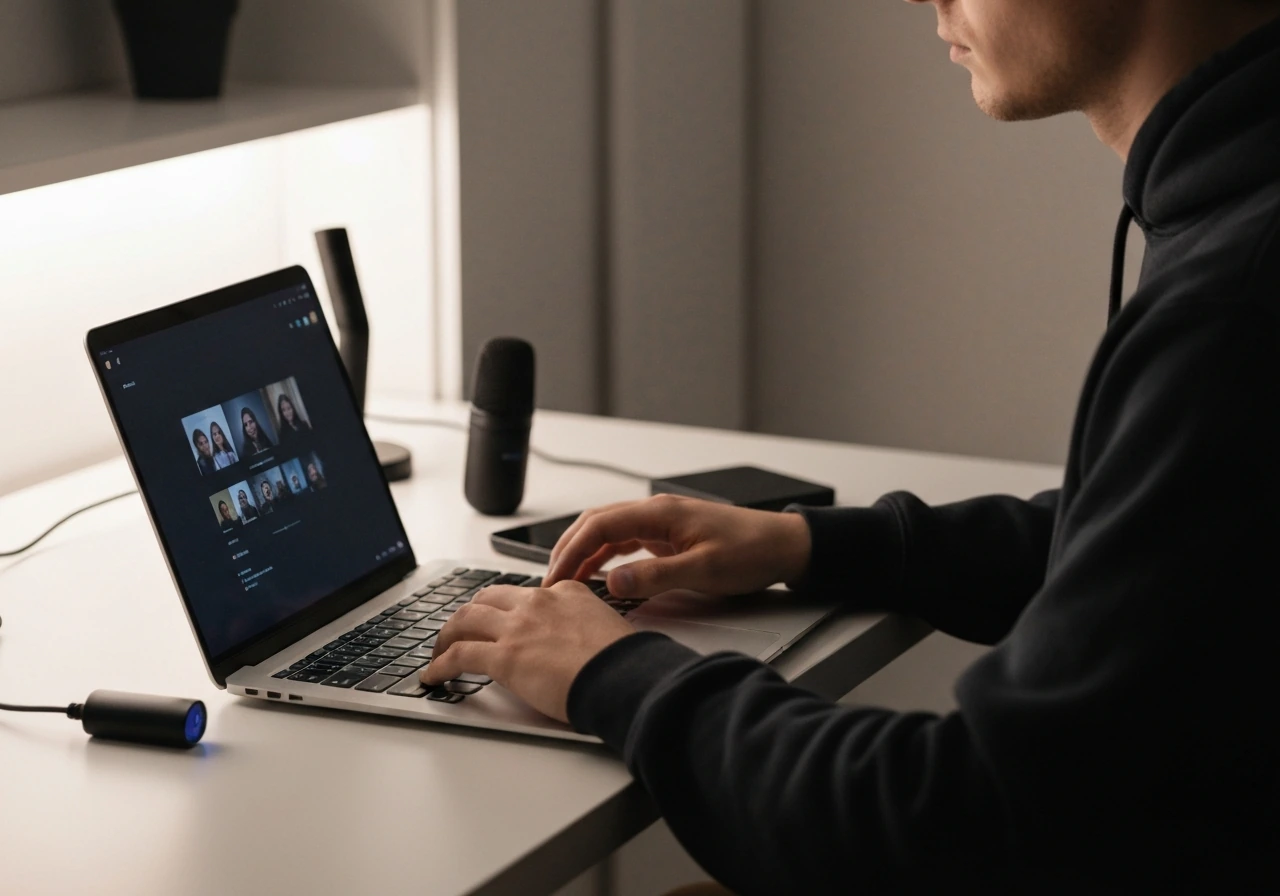 Hands at a desk with laptop and phone streaming visuals, plus a small microphone, minimal and realistic.