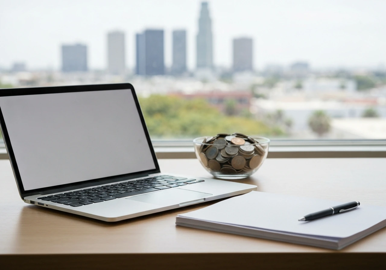 Minimal desk scene with a closed laptop and scattered coins, symbolizing a net worth estimate range.
