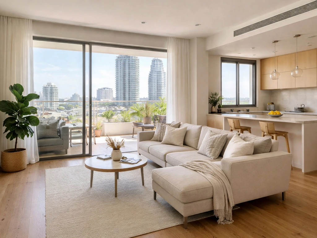 Bright modern Tel Aviv apartment interior with large window and city view, no people.