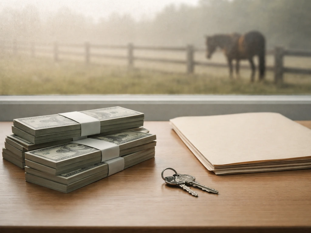 Fictional cash bundles on a simple desk with an abstract faded disclaimer haze behind them.