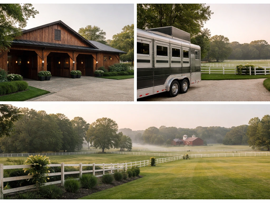 Upscale New Jersey horse farm showing stable, luxury trailer, and manicured fields in soft daylight.