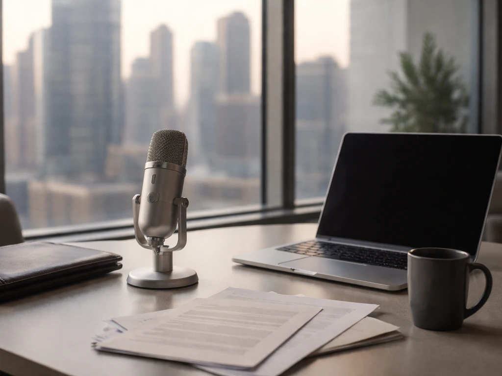A minimal office desk with a studio microphone, portfolio, and laptop, suggesting media and financial research.