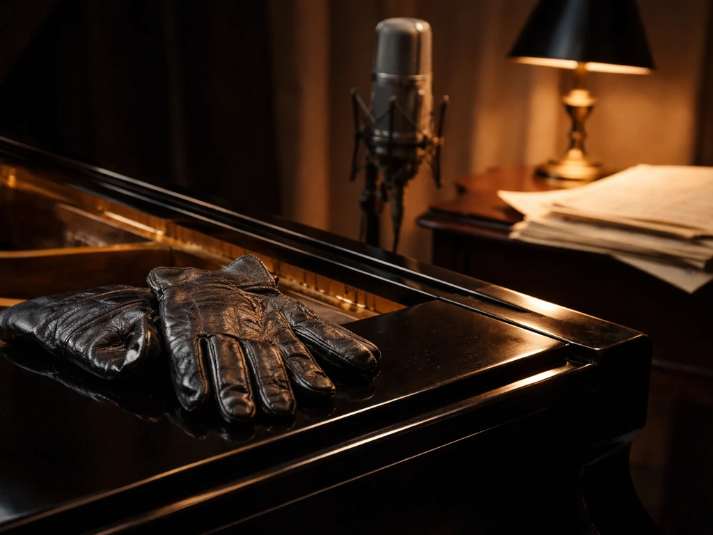 Minimal music studio scene with a grand piano, vintage microphone, and warm lighting symbolizing wealth analysis.