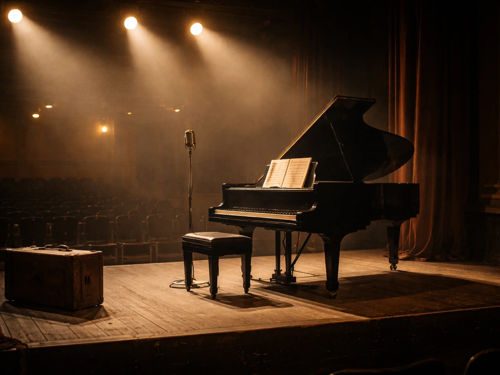 Vintage concert stage with a piano and microphone, suggesting classical touring in the early 20th century.
