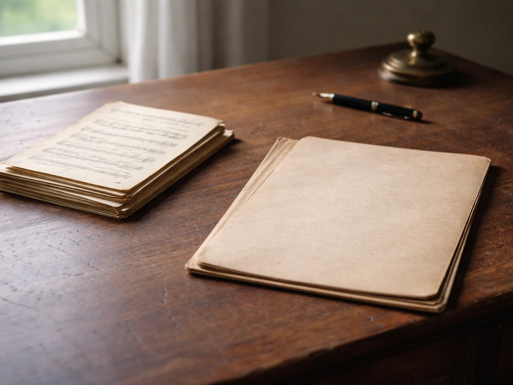 Vintage stack of sheet music and aged copyright-style documents on a wooden desk by a window