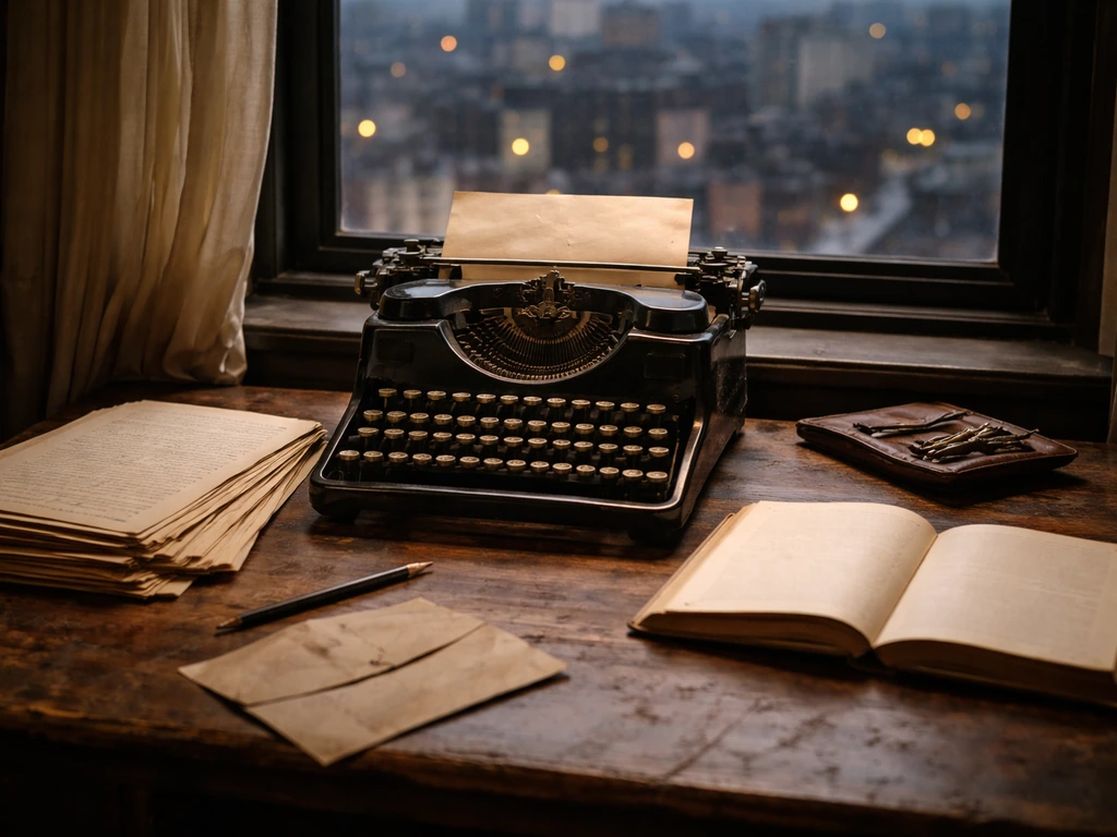 Vintage New York writer’s desk with typewriter and old manuscripts, evoking a mysterious author-forger