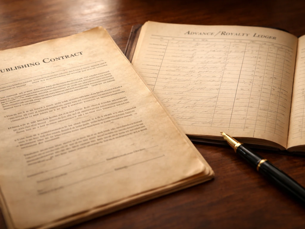 Close-up of a vintage publishing contract beside an advance/royalty ledger on a wooden desk