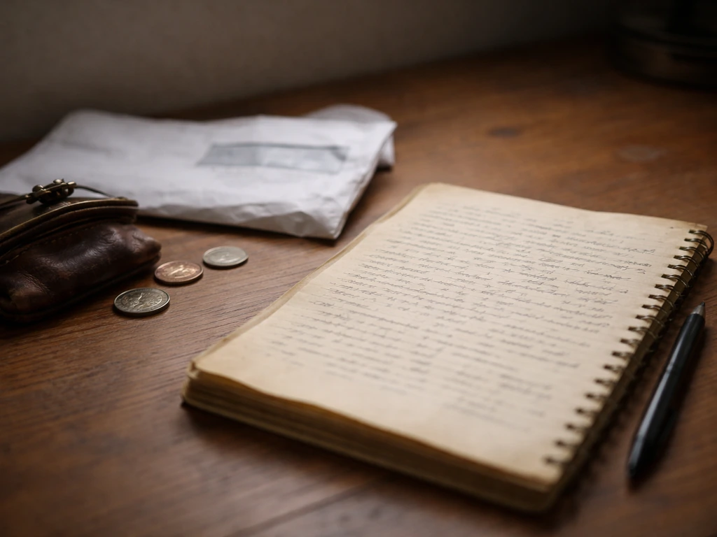Worn journal page and a crumpled utility bill envelope on a wooden desk with coins nearby.
