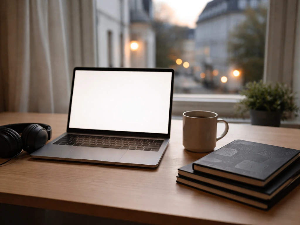 Minimal desk with open laptop and notebooks symbolizing Python web tools in soft natural light