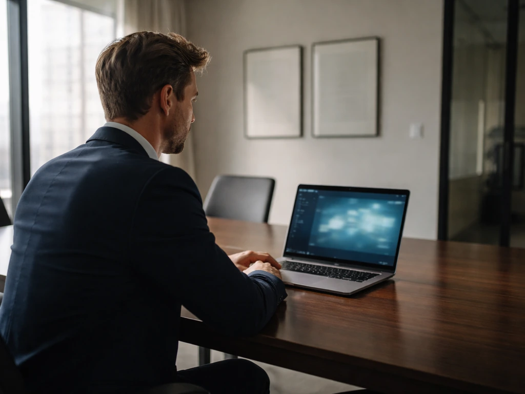 Executive in a modern meeting room reviews a laptop with finance-style dashboard glow in soft light.
