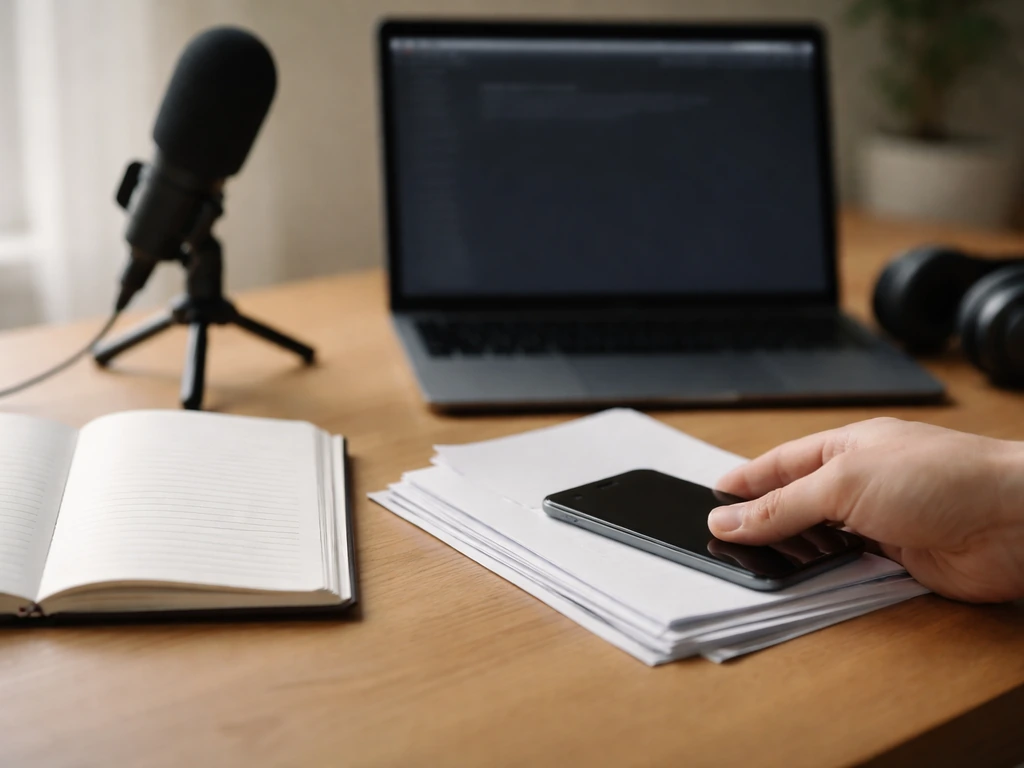 Anonymous hand on a quiet desk with blank papers, smartphone, laptop, and media gear for public-signal verification