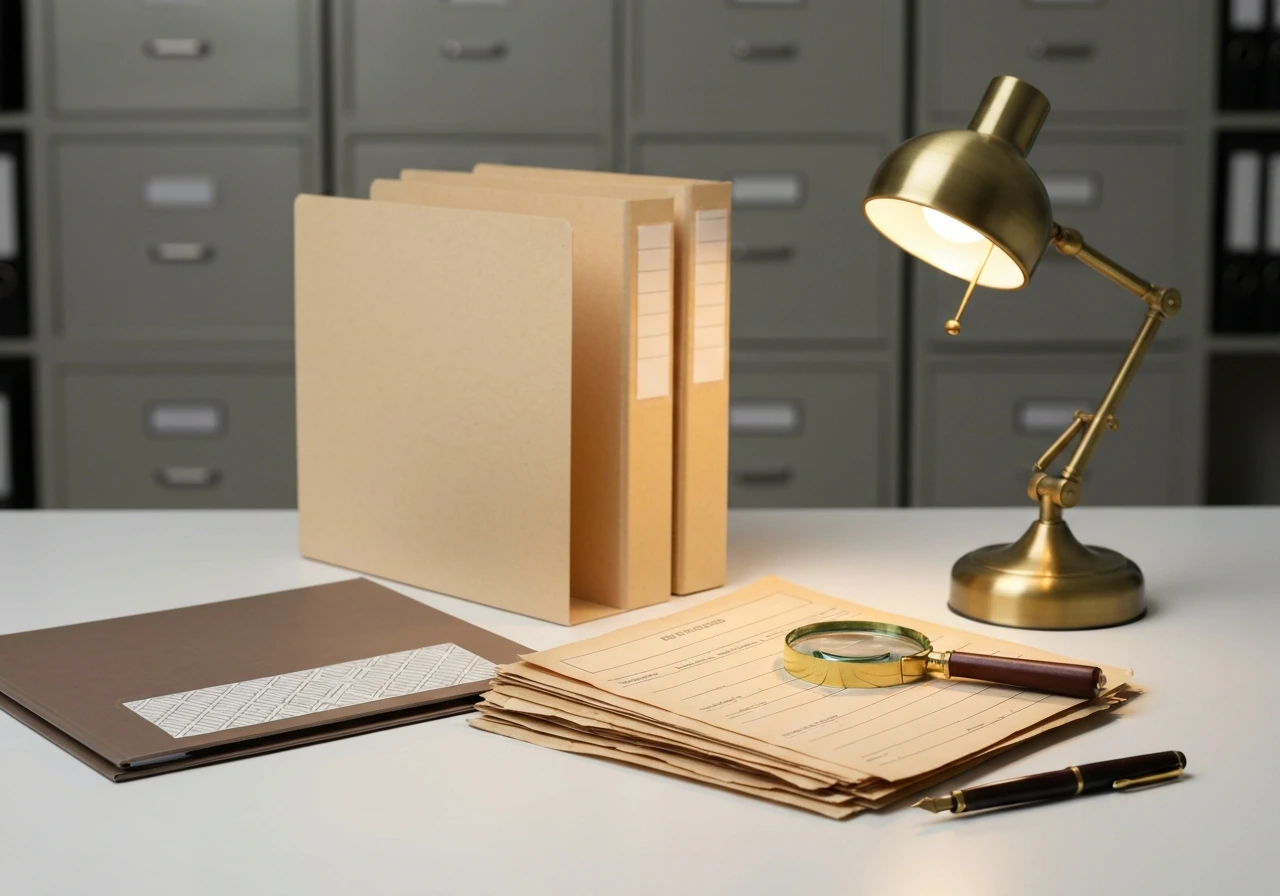 Minimal desk scene with business records, folder, magnifying glass, and pen symbolizing public-source net worth building