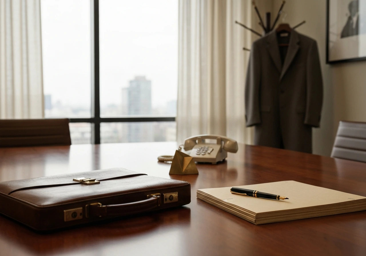 1970s boardroom table with vintage briefcase, manila folders, and a tailored coat, suggesting a corporate fashion sale.