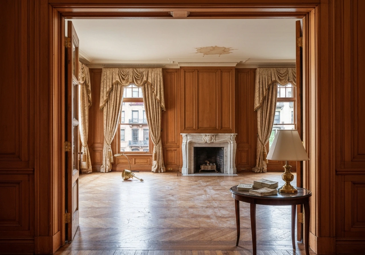 Ornate 1970s townhouse room with subtle signs of strain, bills face-down, dim natural light.