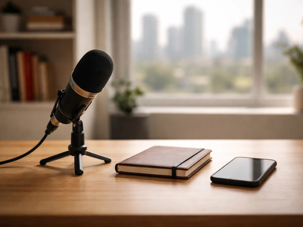 Minimal desk setup with a studio microphone and smartphone, suggesting a startup media creator’s workspace.