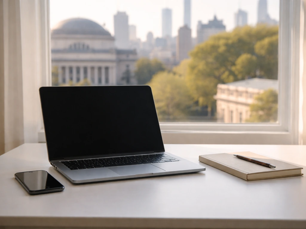 Minimal photo of a laptop on a tidy desk with a muted city skyline through a window