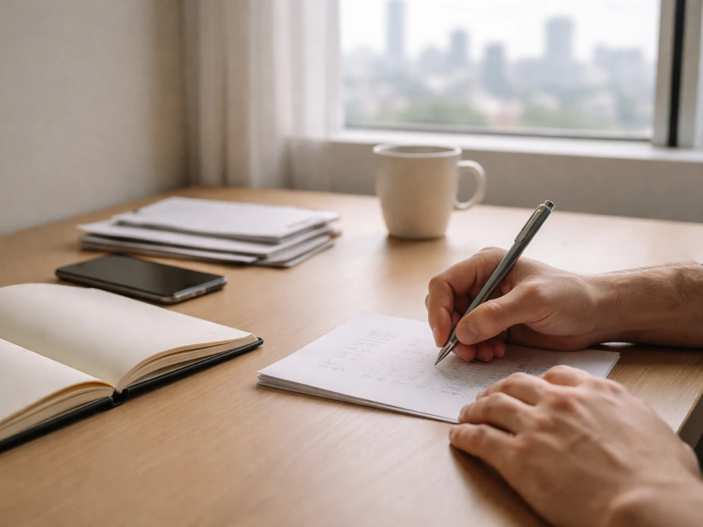 Hands writing in a quiet home office with an open notebook and phone, suggesting financial research.