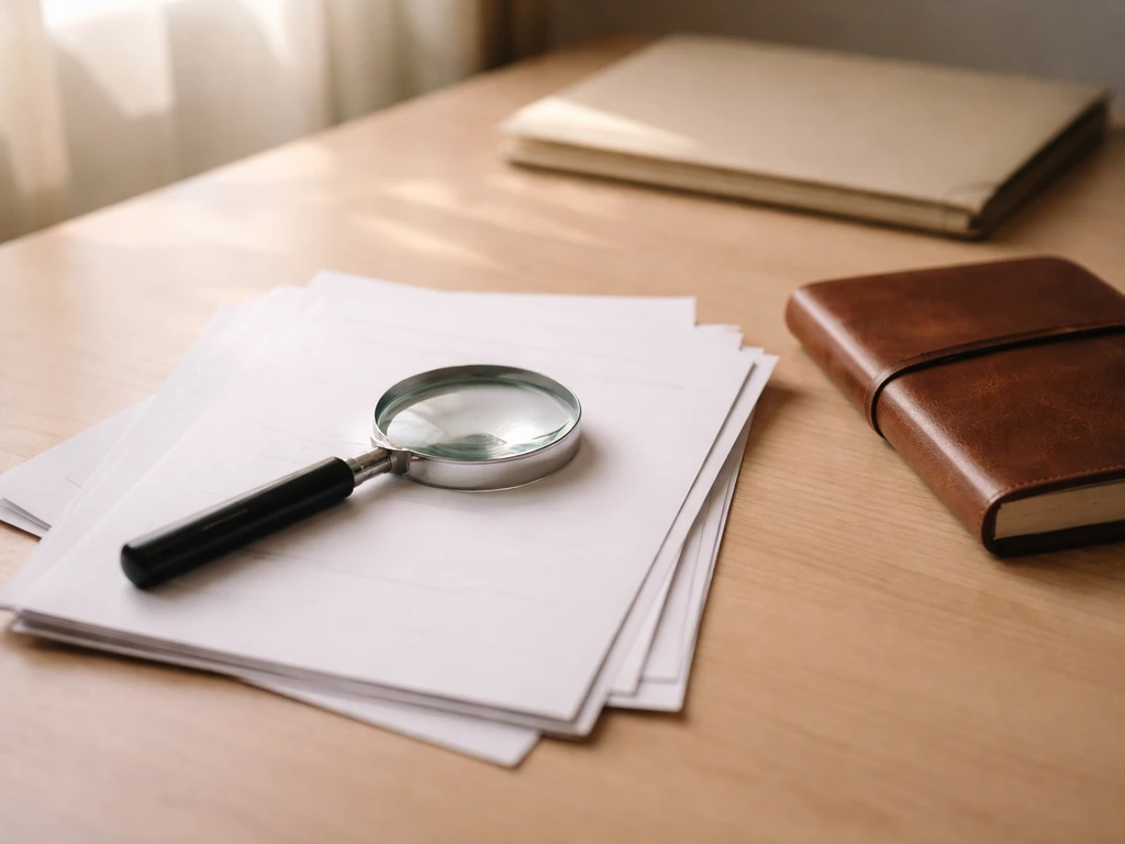 Close-up of a desk with a magnifying glass over scattered financial documents beside a notebook